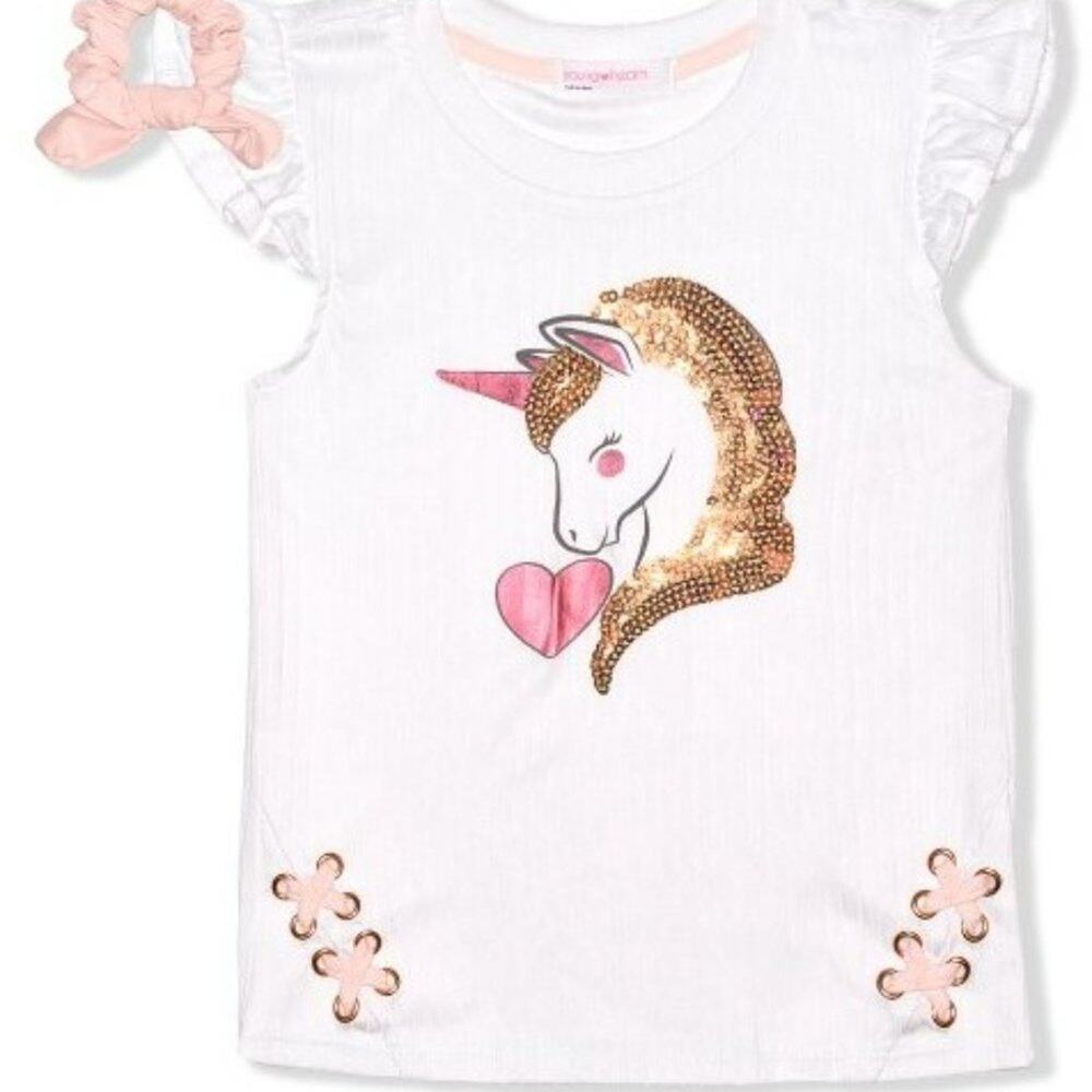 White Stripe Unicorn Lace up Tee & Pink Scrunchie - 2T